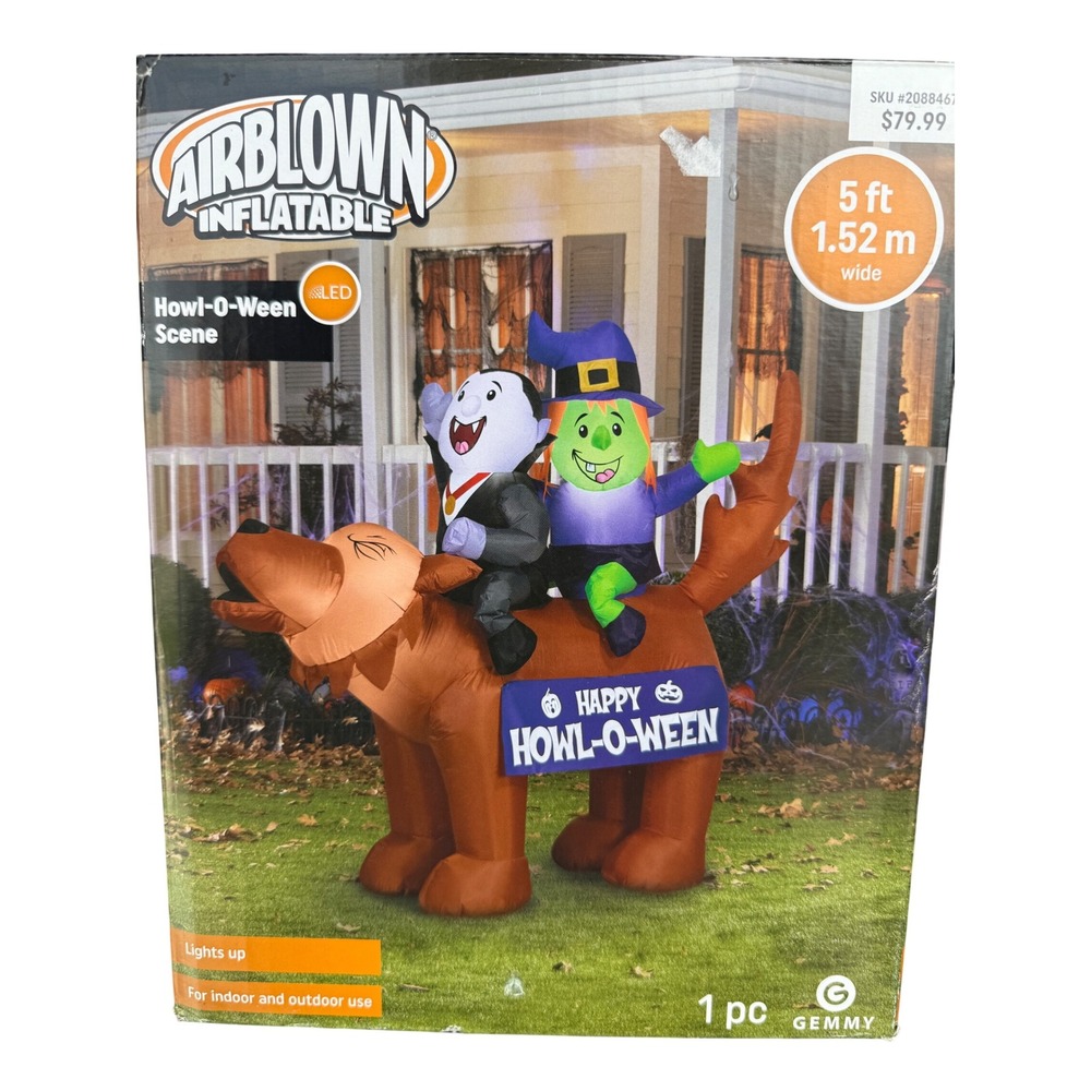 Airblown Inflatable Howl-O-Ween Scene Vampire Witch Dog  5 ft Halloween Decor
